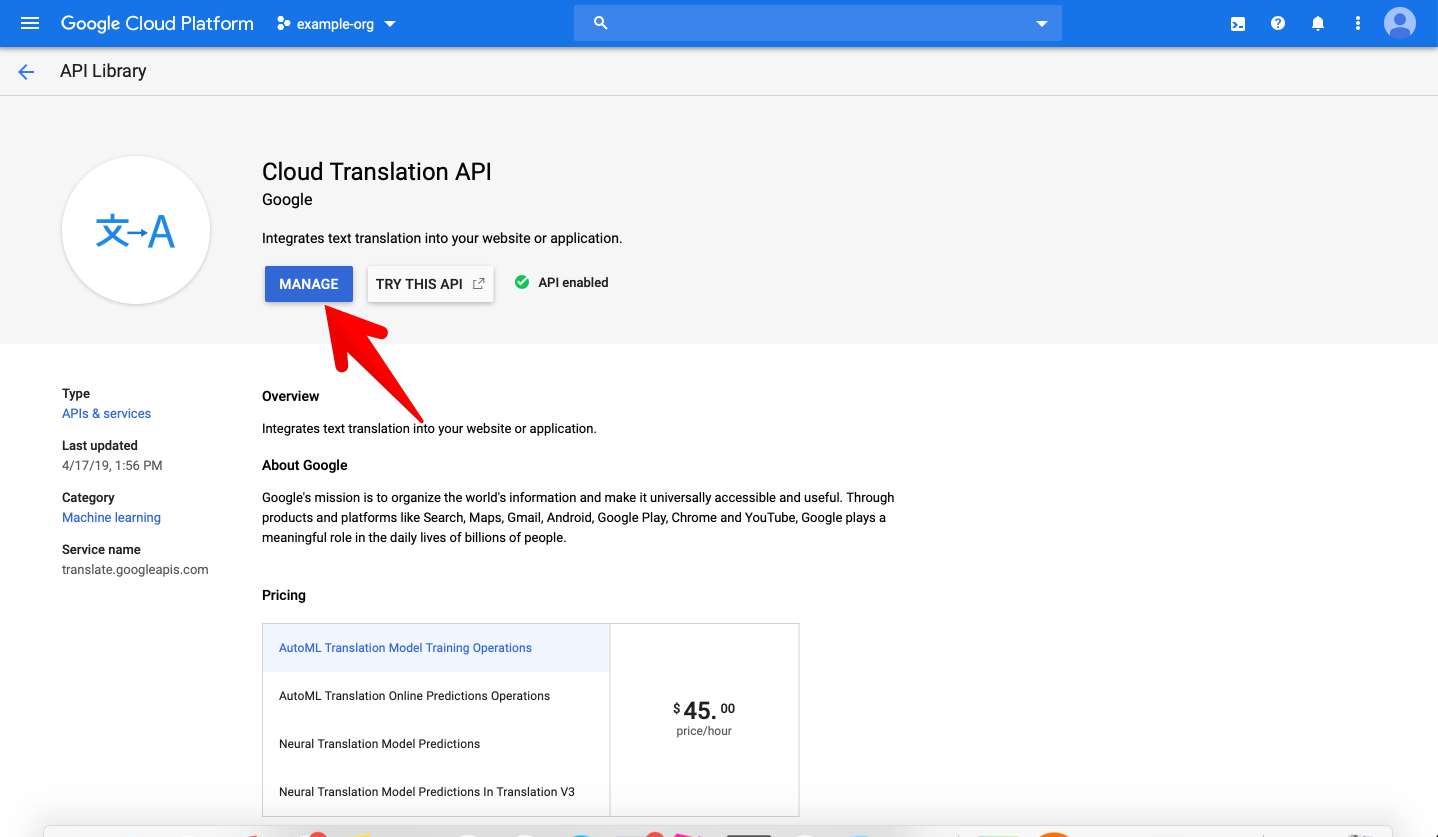 Google Cloud Platform - odkaz na spravú Cloud Translation API