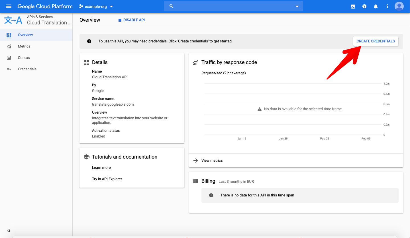 Google Cloud Platform - odkaz na vytvorenie prístupových údajov ku Cloud Translation API