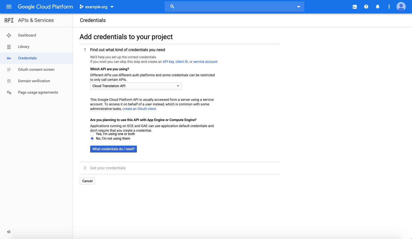 Google Cloud Platform - vytvorenie prístupových údajov ku Cloud Translation API